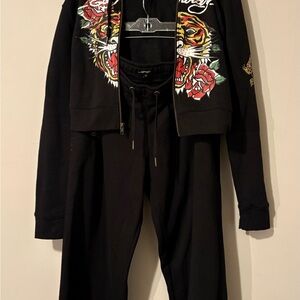 Ed hardy Black Tiger & Rose Graphic Zip Hoodie Set